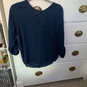 blue top with red polka dots.